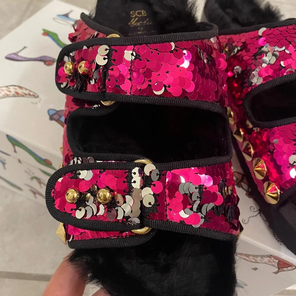 SUECOMMA BONNIE SCB Collection Pink/Silver Sequin Faux Fur Slide Size 38